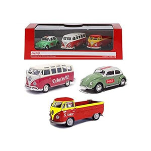 458385 - COCA-COLA VOLKSWAGEN GIFT SET - 1962 SAMBA , 1966 BEETLE , 1962 T1 PICKUP 1:72