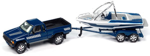 JLBT021-1 - 1985 TOYOTA SR5 PICKUP BLUE WITH BOAT AND TRAILER