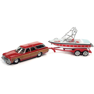 JLBT015B2 - 1973 CHEVY CAPRICE WOODY WAGON RED WITH BOAT AND TRAILER