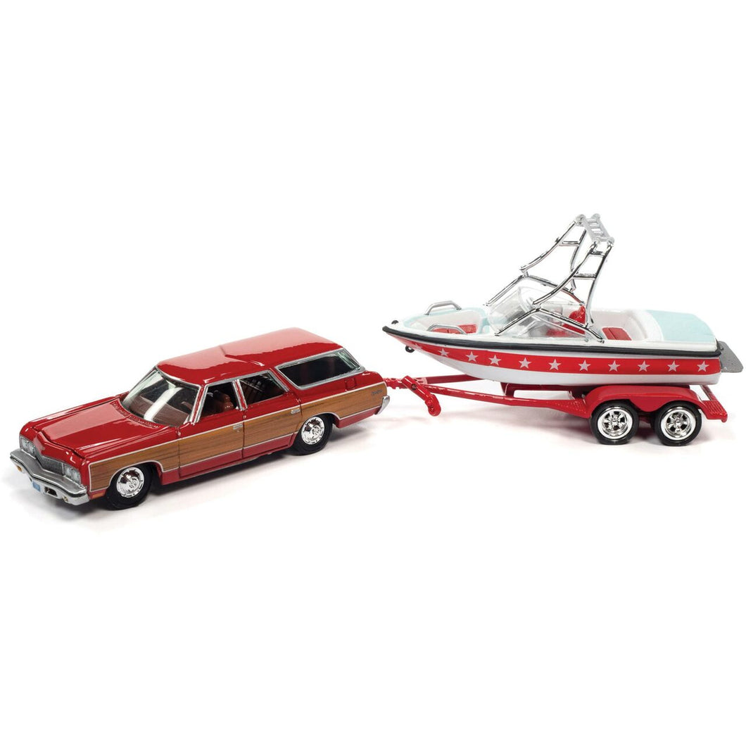 JLBT015B2 - 1973 CHEVY CAPRICE WOODY WAGON RED WITH BOAT AND TRAILER